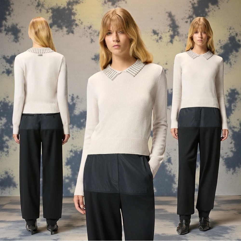 Pinko Women’s Ventotene Maglia Wool Blend Sweater With Rhinestone Collar Size S